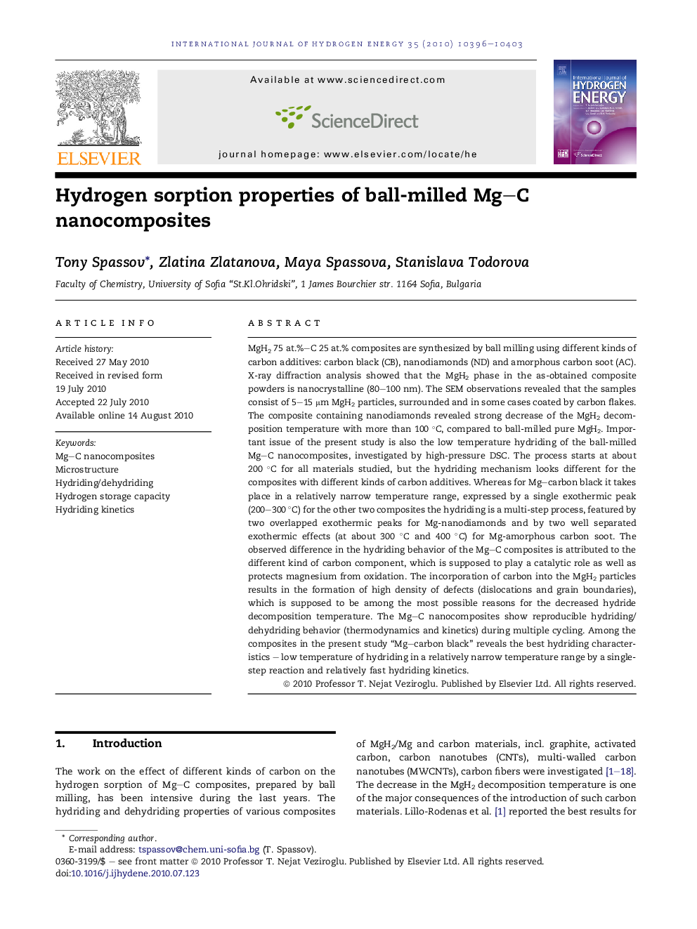 Hydrogen sorption properties of ball-milled Mg–C nanocomposites