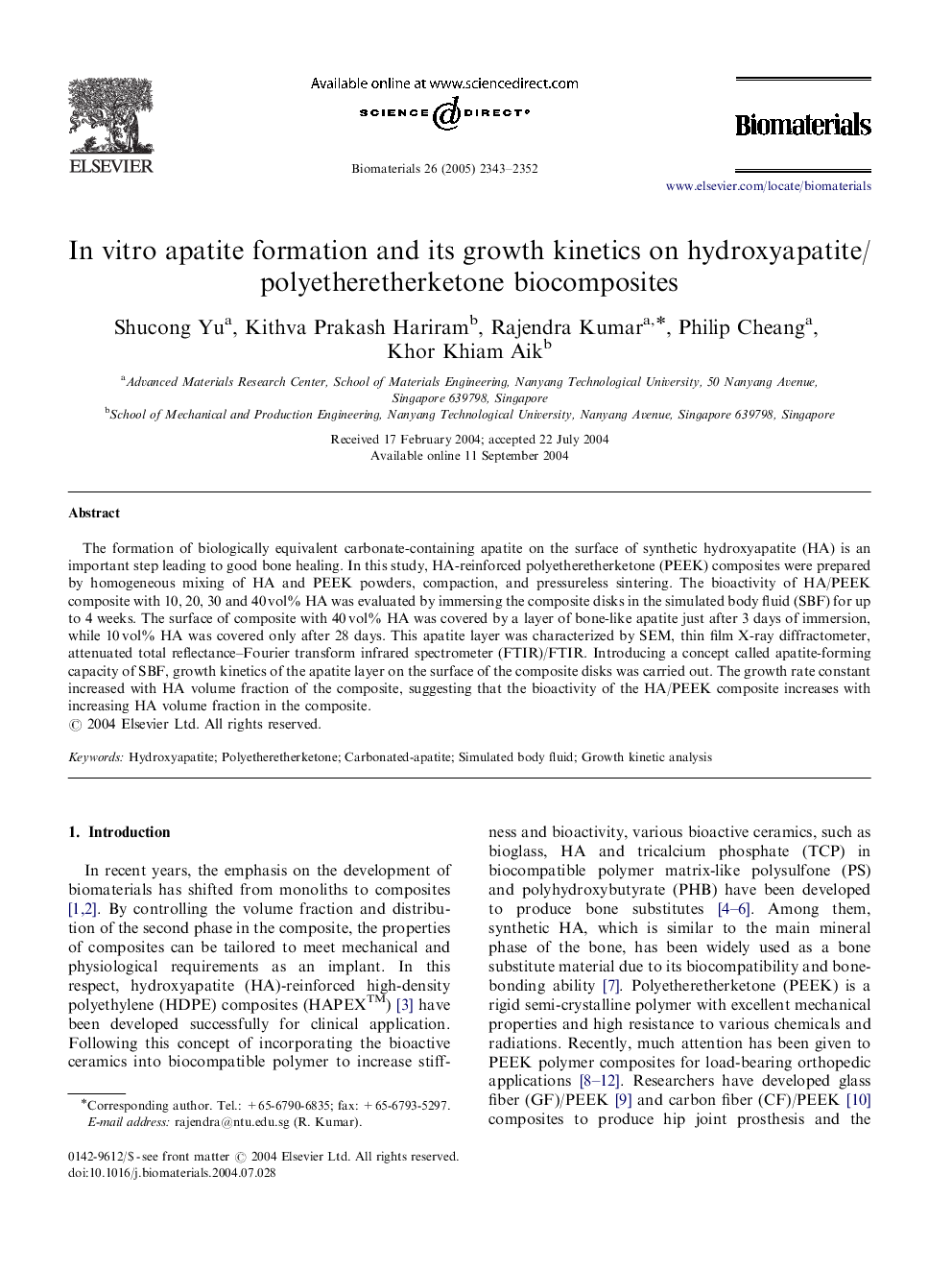 In vitro apatite formation and its growth kinetics on hydroxyapatite/polyetheretherketone biocomposites