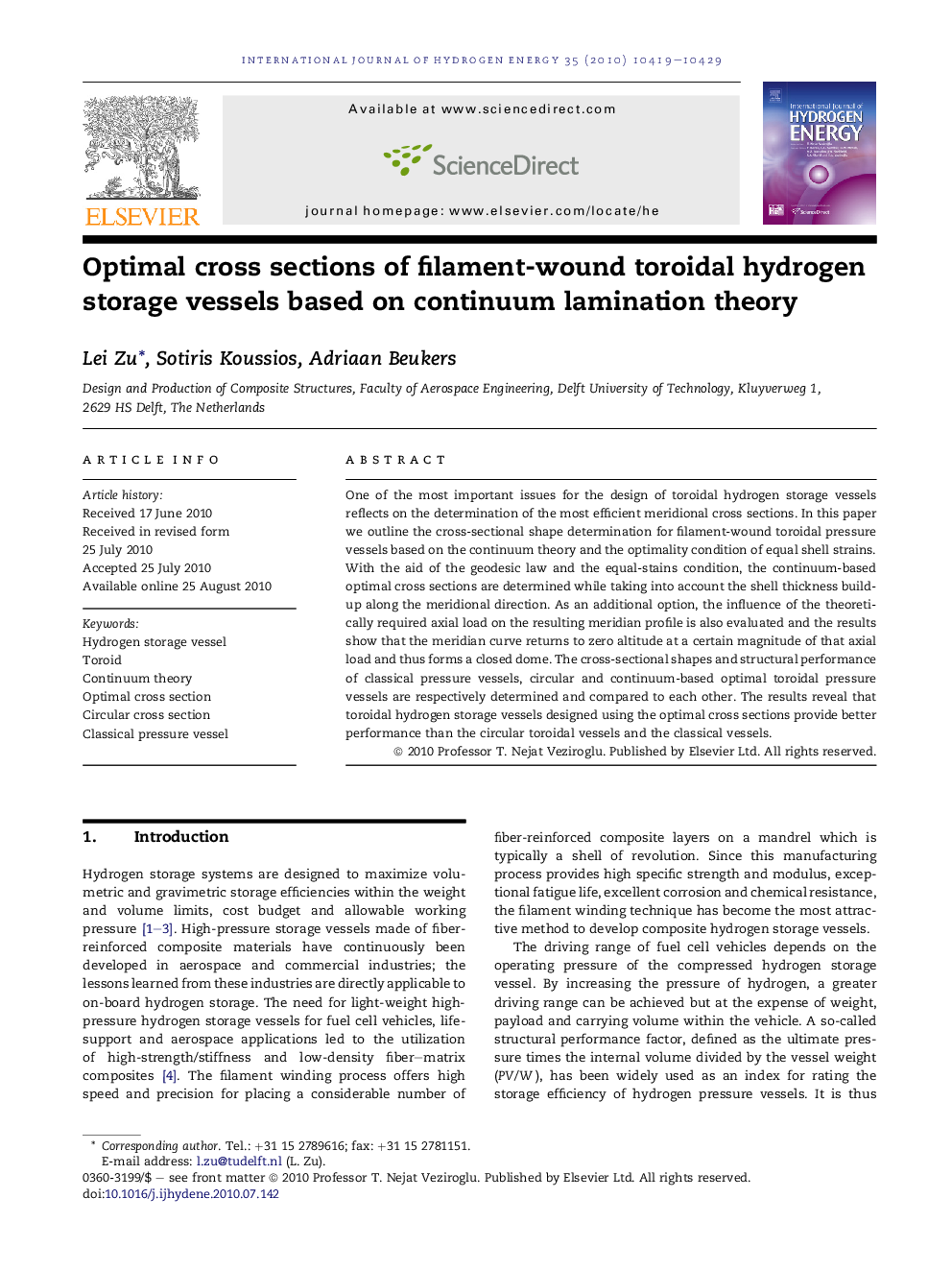 Optimal cross sections of filament-wound toroidal hydrogen storage vessels based on continuum lamination theory