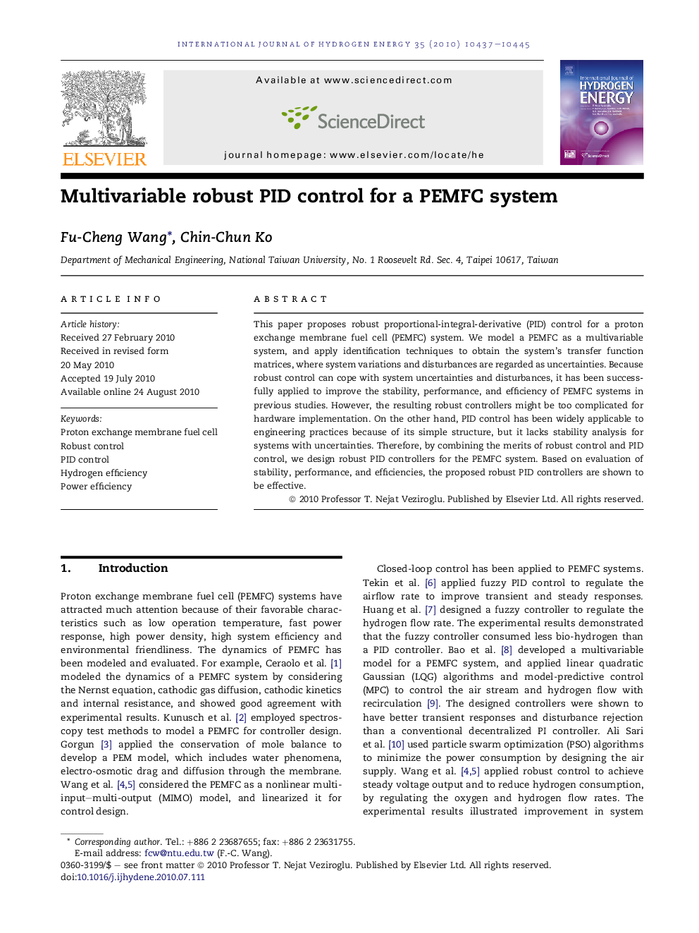 Multivariable robust PID control for a PEMFC system