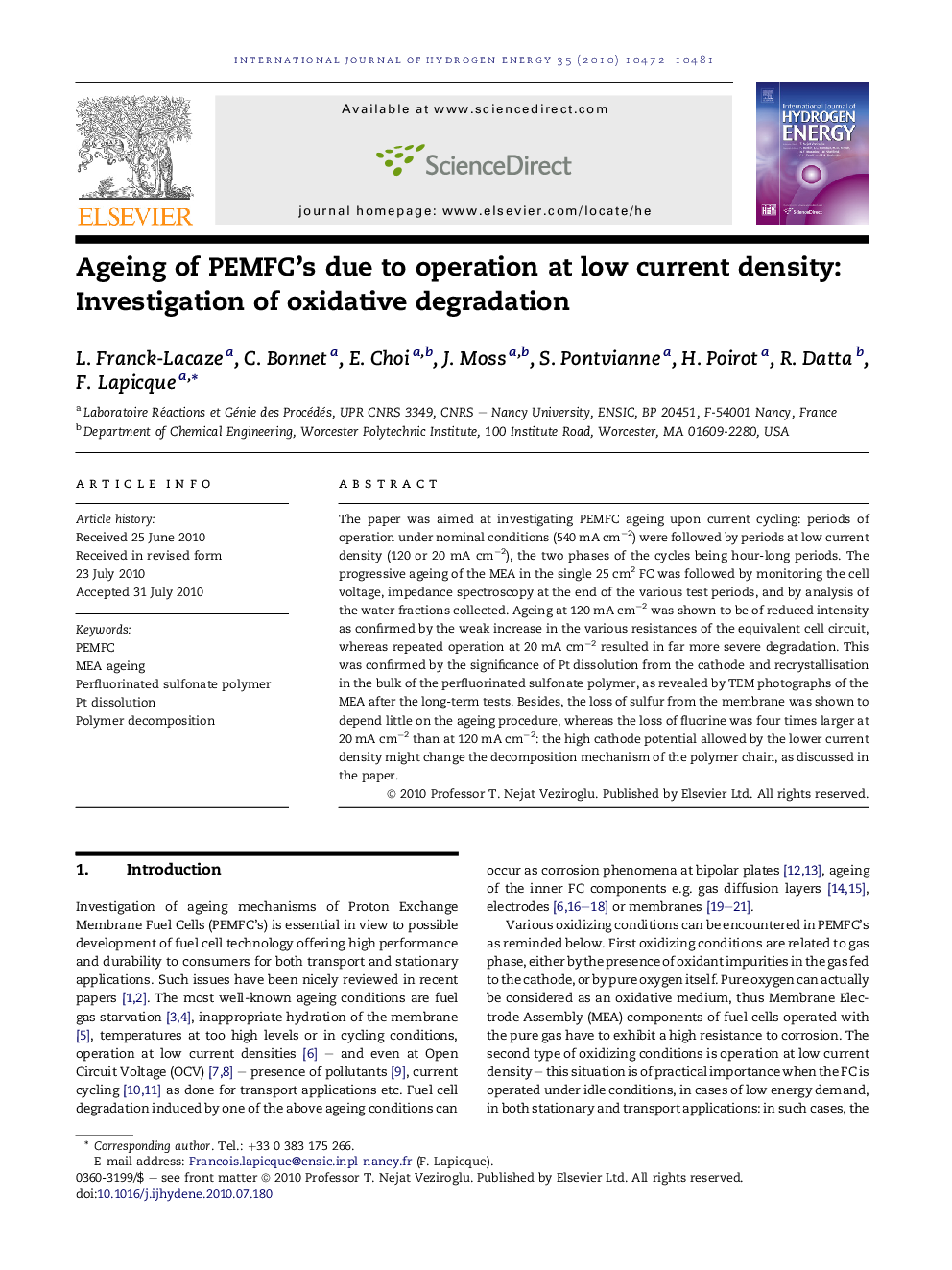 Ageing of PEMFC’s due to operation at low current density: Investigation of oxidative degradation