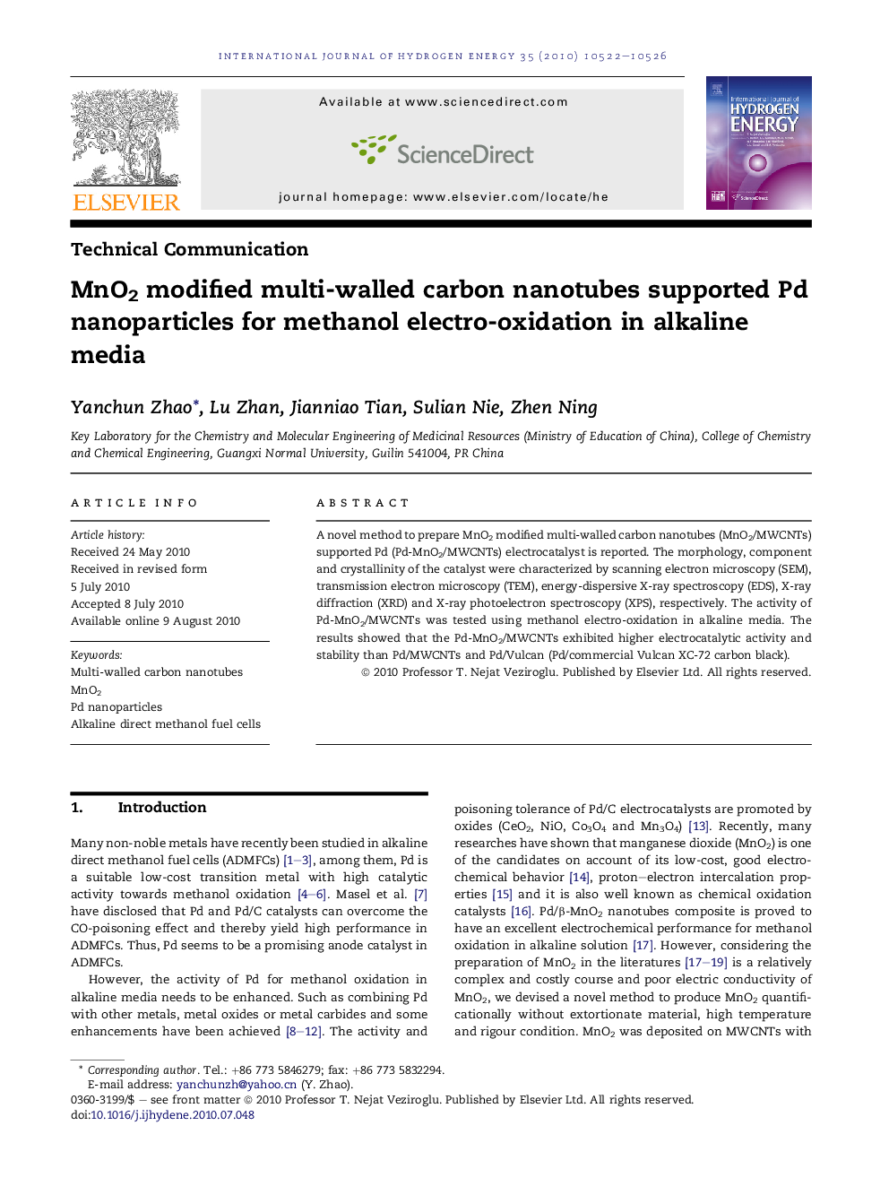 MnO2 modified multi-walled carbon nanotubes supported Pd nanoparticles for methanol electro-oxidation in alkaline media