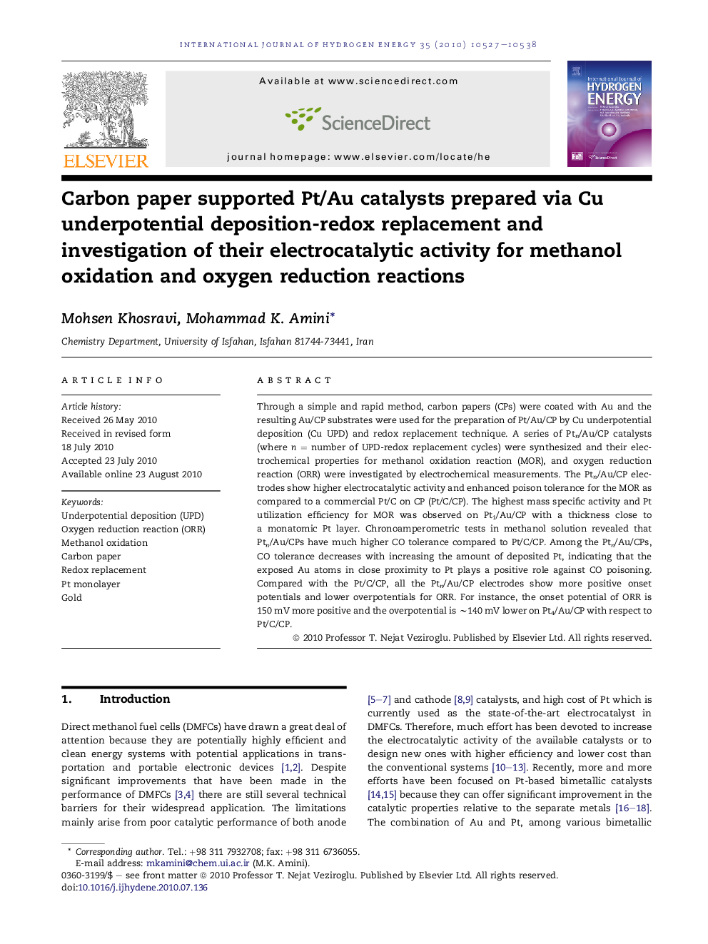 Carbon paper supported Pt/Au catalysts prepared via Cu underpotential deposition-redox replacement and investigation of their electrocatalytic activity for methanol oxidation and oxygen reduction reactions