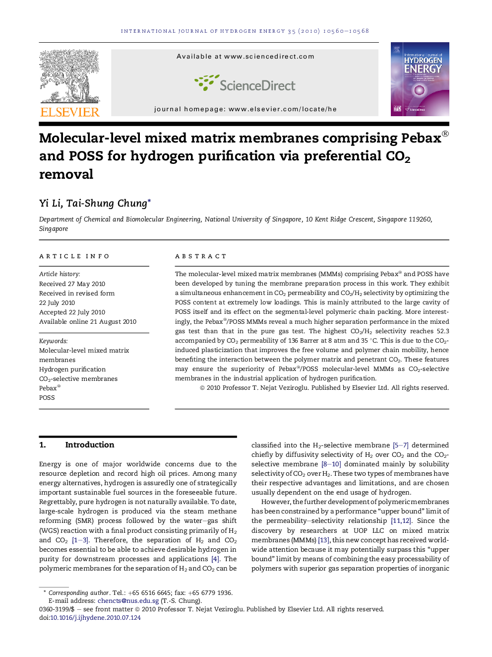 Molecular-level mixed matrix membranes comprising Pebax® and POSS for hydrogen purification via preferential CO2 removal