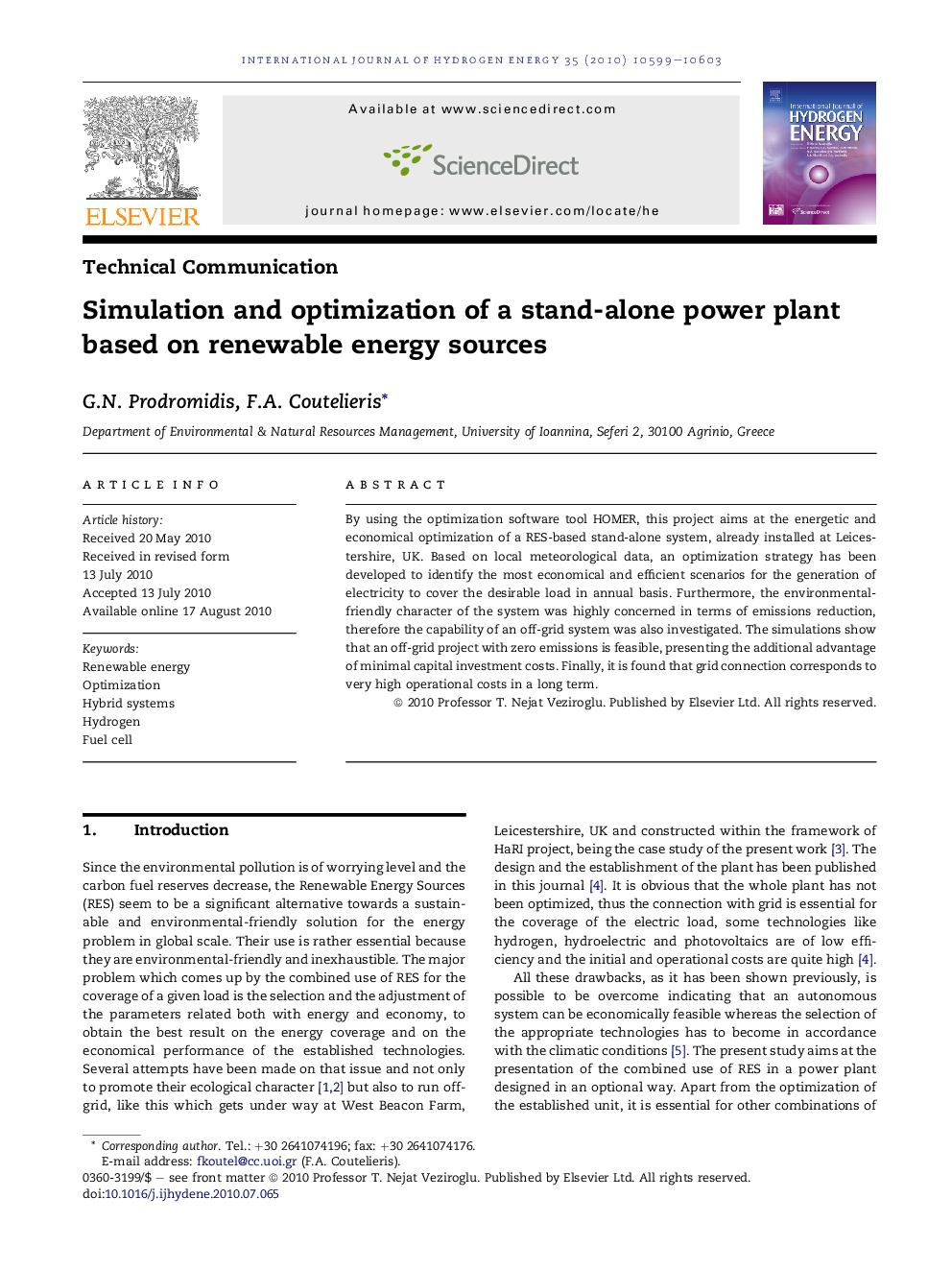 Simulation and optimization of a stand-alone power plant based on renewable energy sources