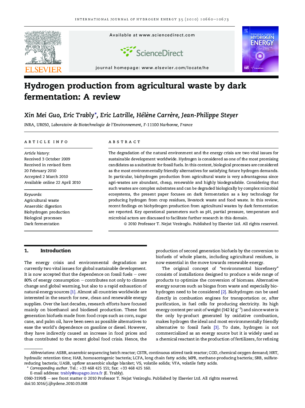 Hydrogen production from agricultural waste by dark fermentation: A review