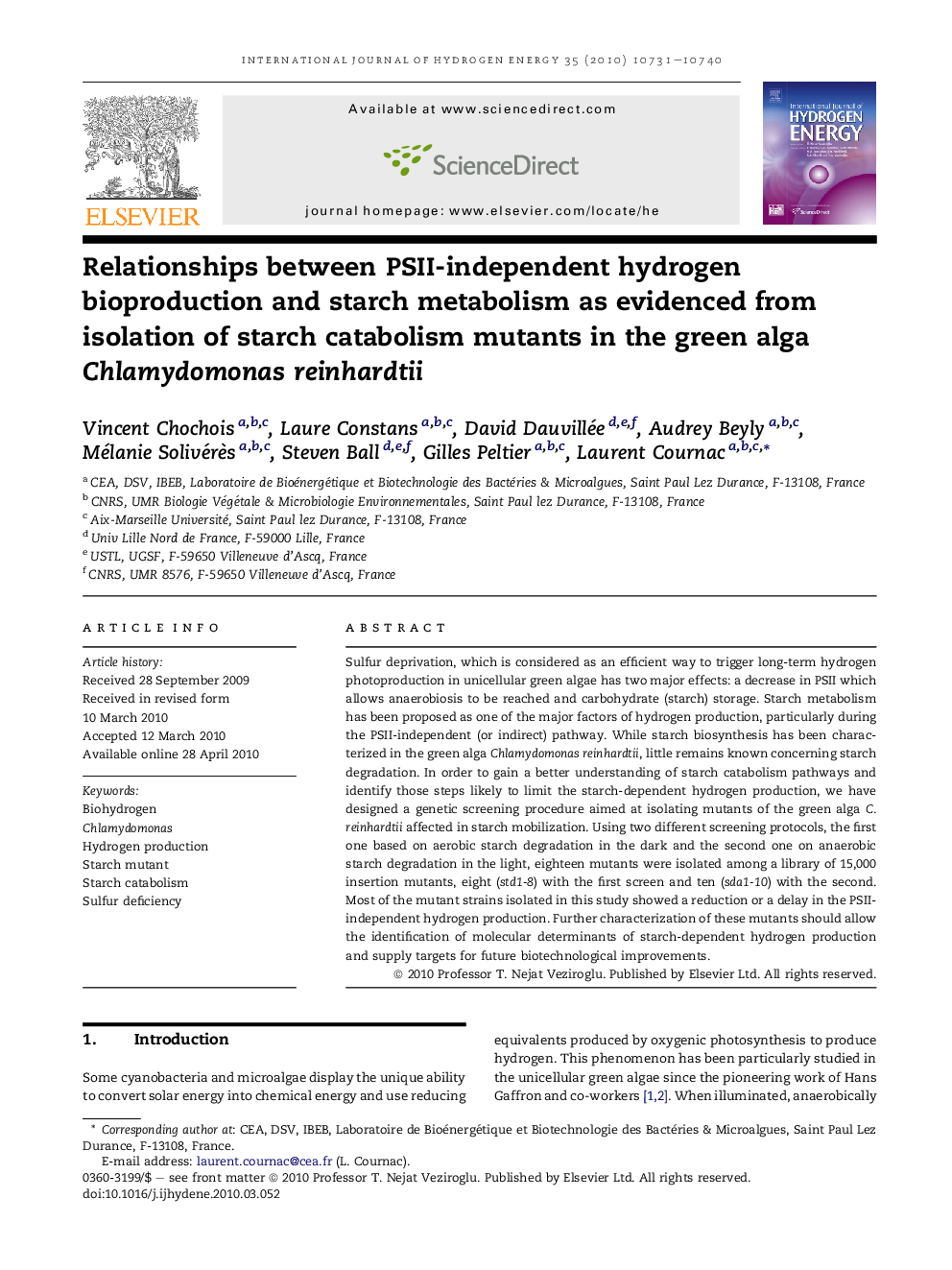 Relationships between PSII-independent hydrogen bioproduction and starch metabolism as evidenced from isolation of starch catabolism mutants in the green alga Chlamydomonas reinhardtii