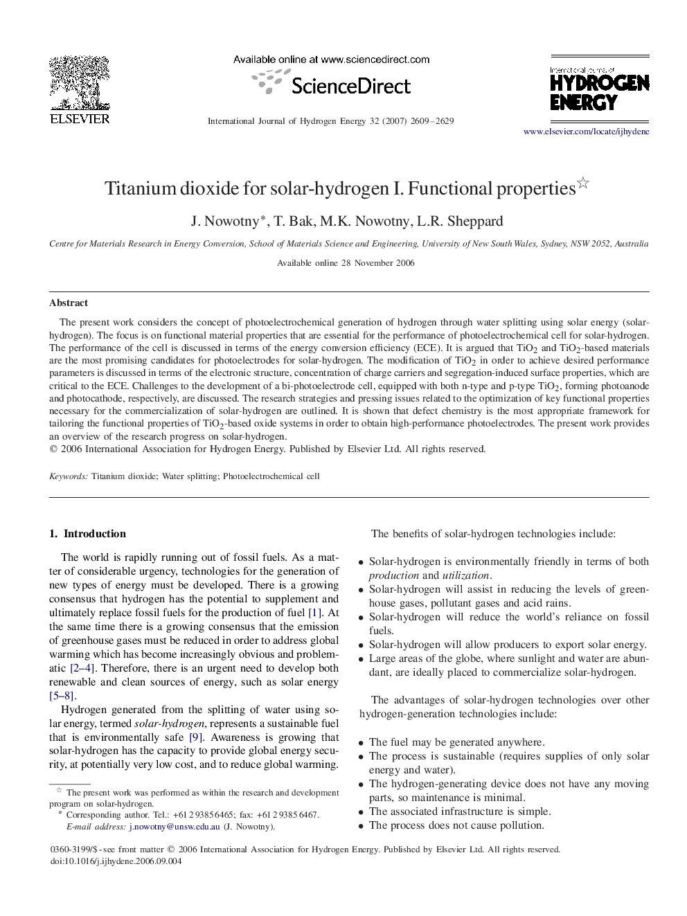 Titanium dioxide for solar-hydrogen I. Functional properties 