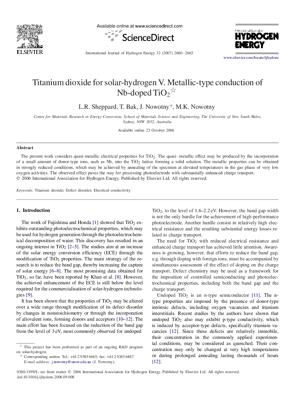 Titanium dioxide for solar-hydrogen V. Metallic-type conduction of Nb-doped TiO2TiO2 