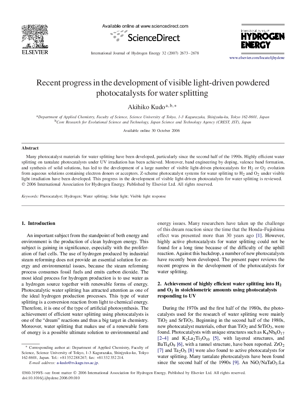 Recent progress in the development of visible light-driven powdered photocatalysts for water splitting