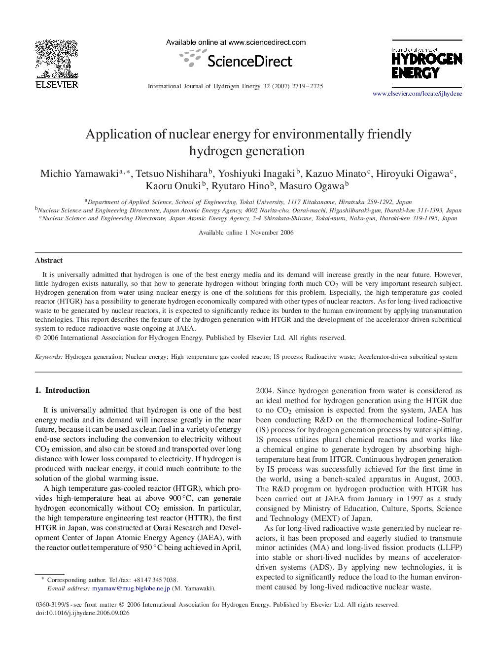 Application of nuclear energy for environmentally friendly hydrogen generation