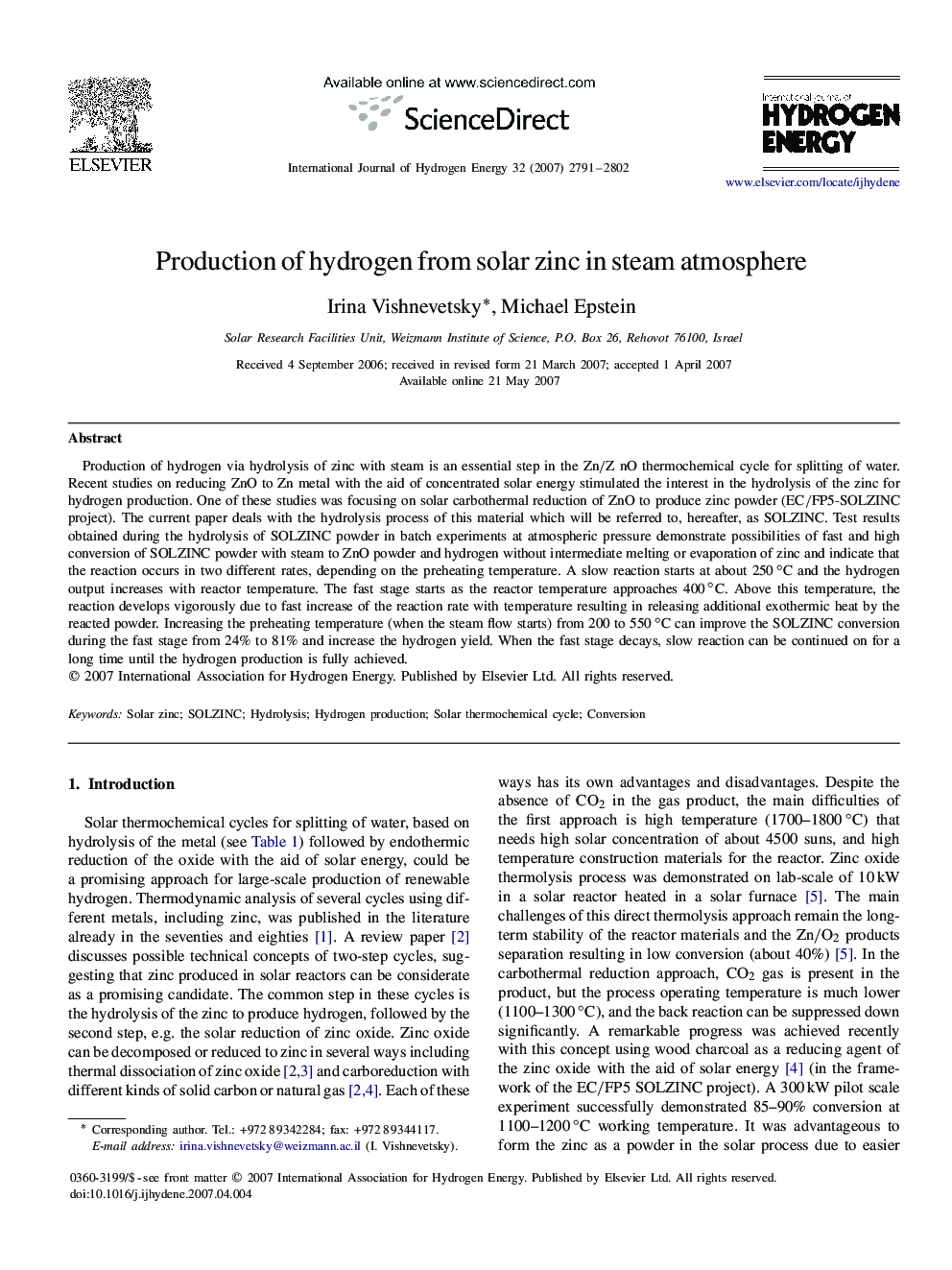 Production of hydrogen from solar zinc in steam atmosphere