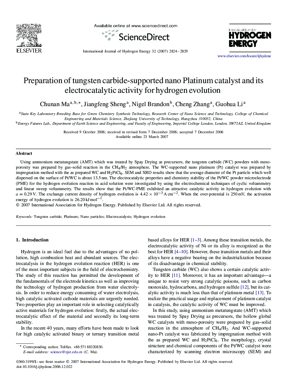 Preparation of tungsten carbide-supported nano Platinum catalyst and its electrocatalytic activity for hydrogen evolution