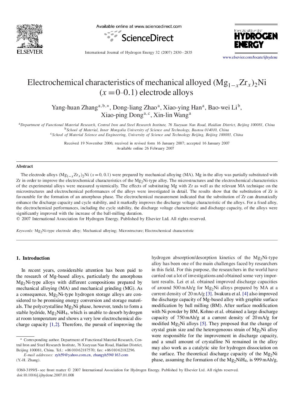 Electrochemical characteristics of mechanical alloyed (Mg1-xZrx)2Ni(Mg1-xZrx)2Ni(x=0–0.1)(x=0–0.1) electrode alloys