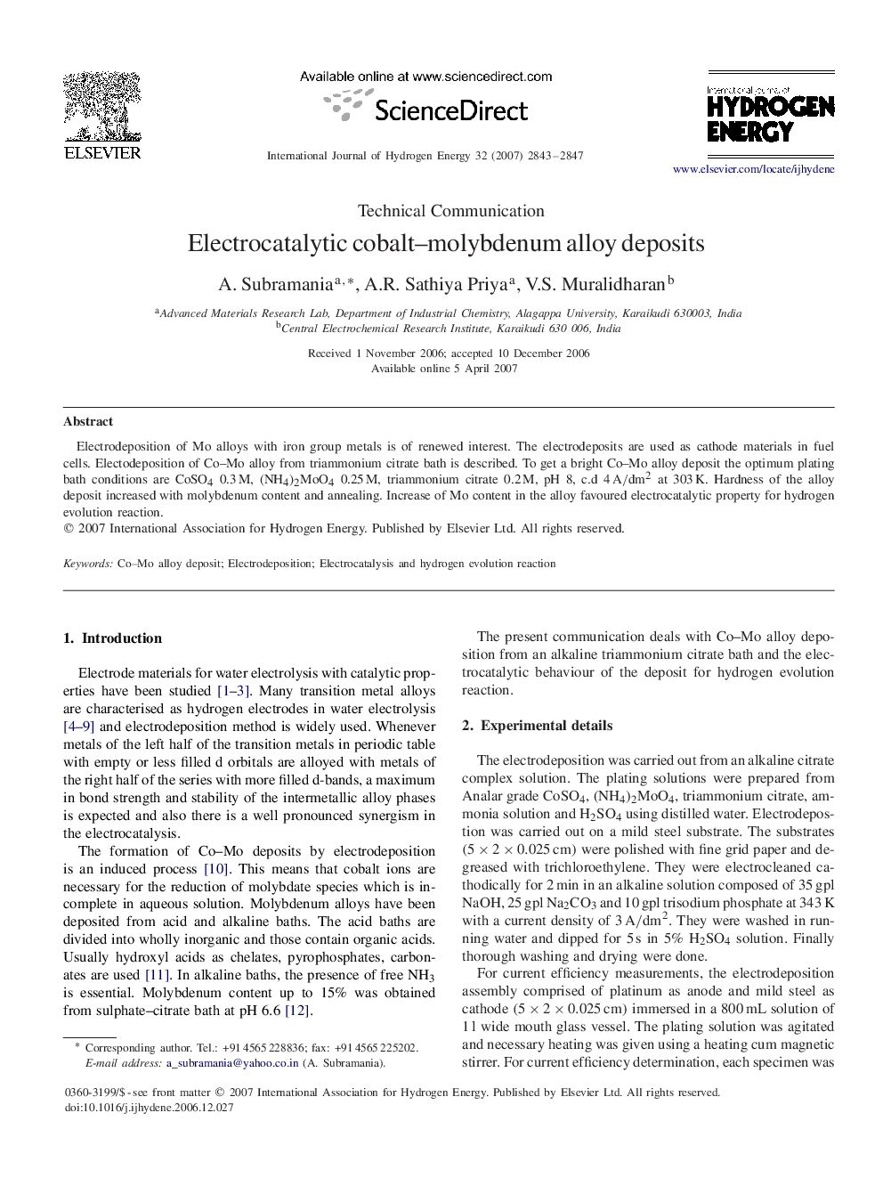 Electrocatalytic cobalt–molybdenum alloy deposits