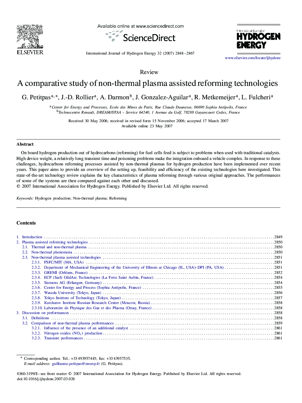 A comparative study of non-thermal plasma assisted reforming technologies