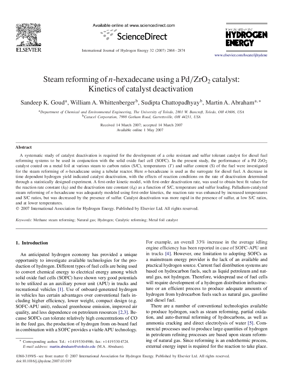 Steam reforming of nn-hexadecane using a Pd/ZrO2Pd/ZrO2 catalyst: Kinetics of catalyst deactivation