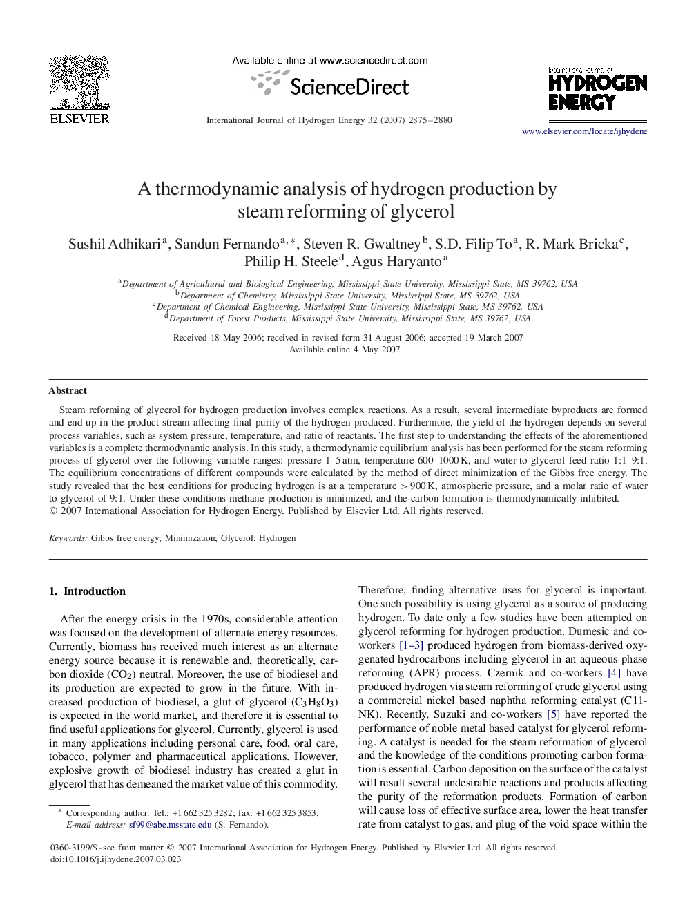 A thermodynamic analysis of hydrogen production by steam reforming of glycerol