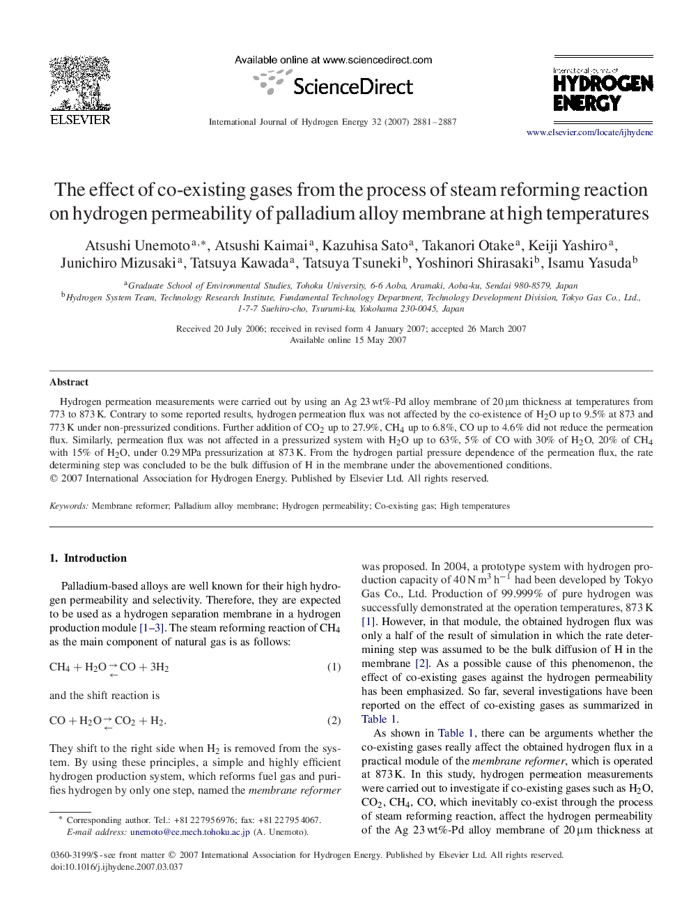 The effect of co-existing gases from the process of steam reforming reaction on hydrogen permeability of palladium alloy membrane at high temperatures