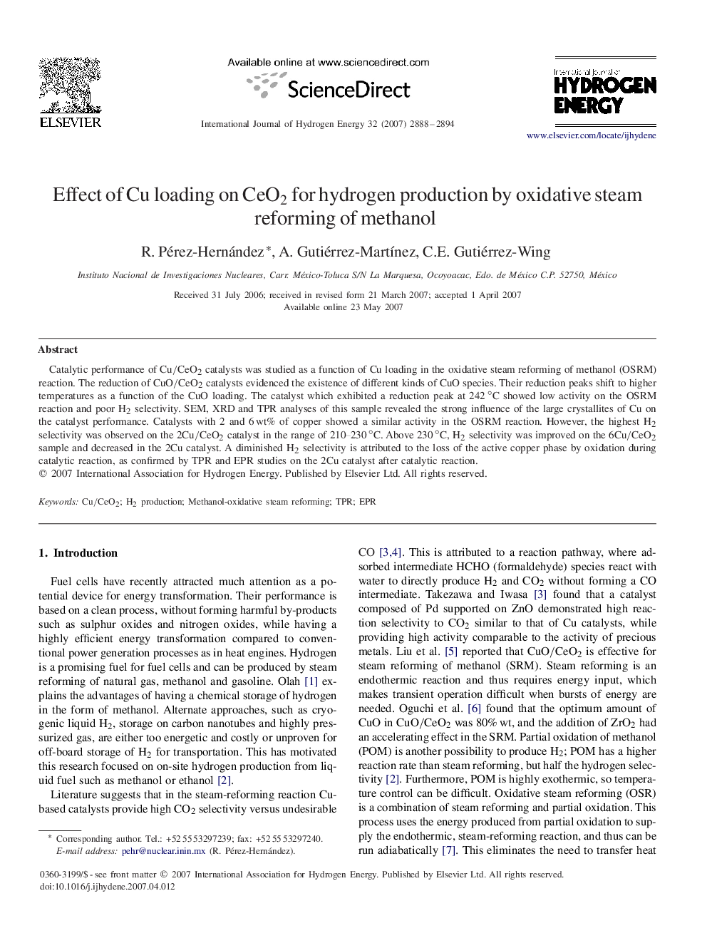 Effect of Cu loading on CeO2CeO2 for hydrogen production by oxidative steam reforming of methanol