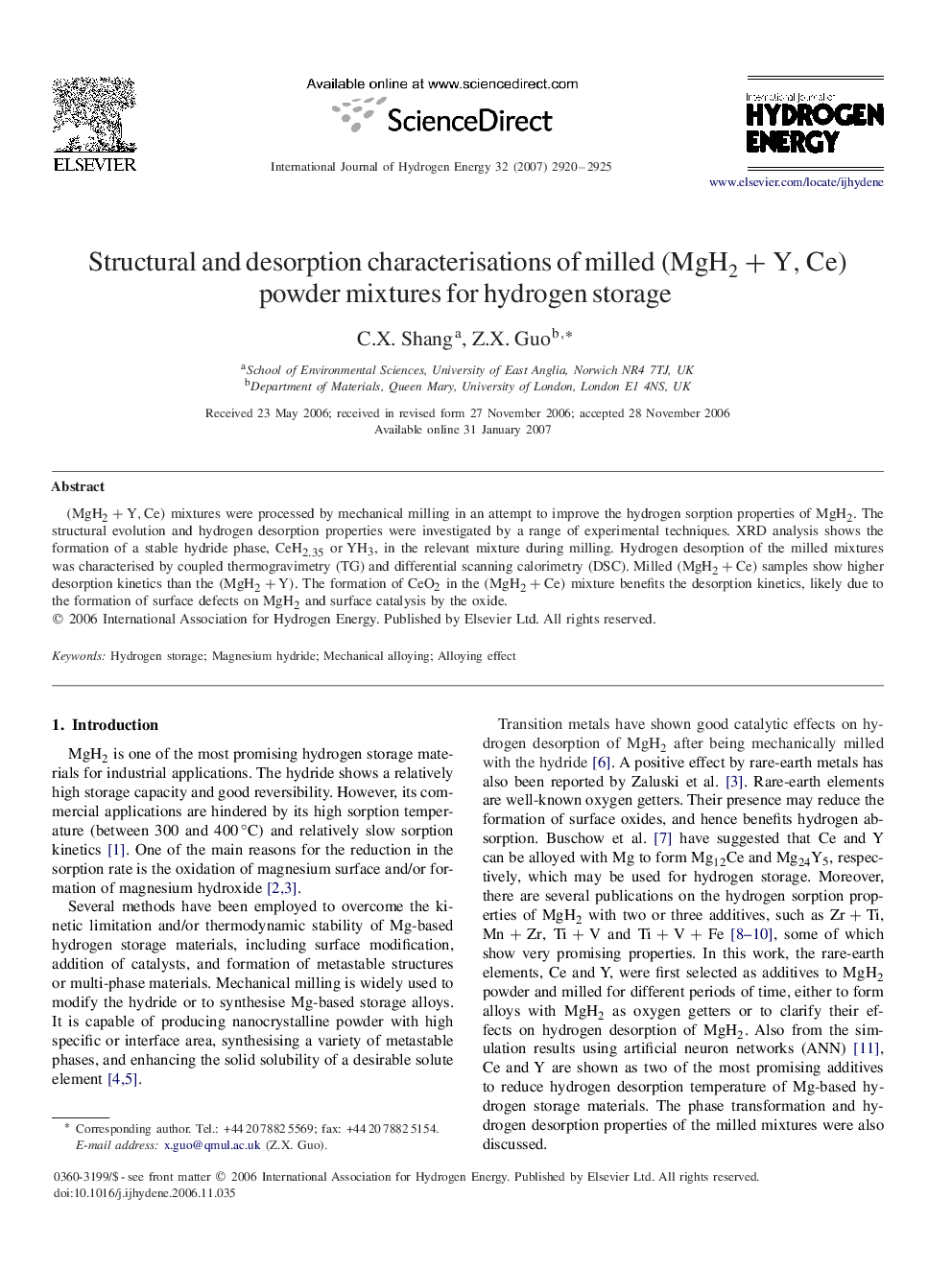 Structural and desorption characterisations of milled (MgH2+Y,Ce)(MgH2+Y,Ce) powder mixtures for hydrogen storage