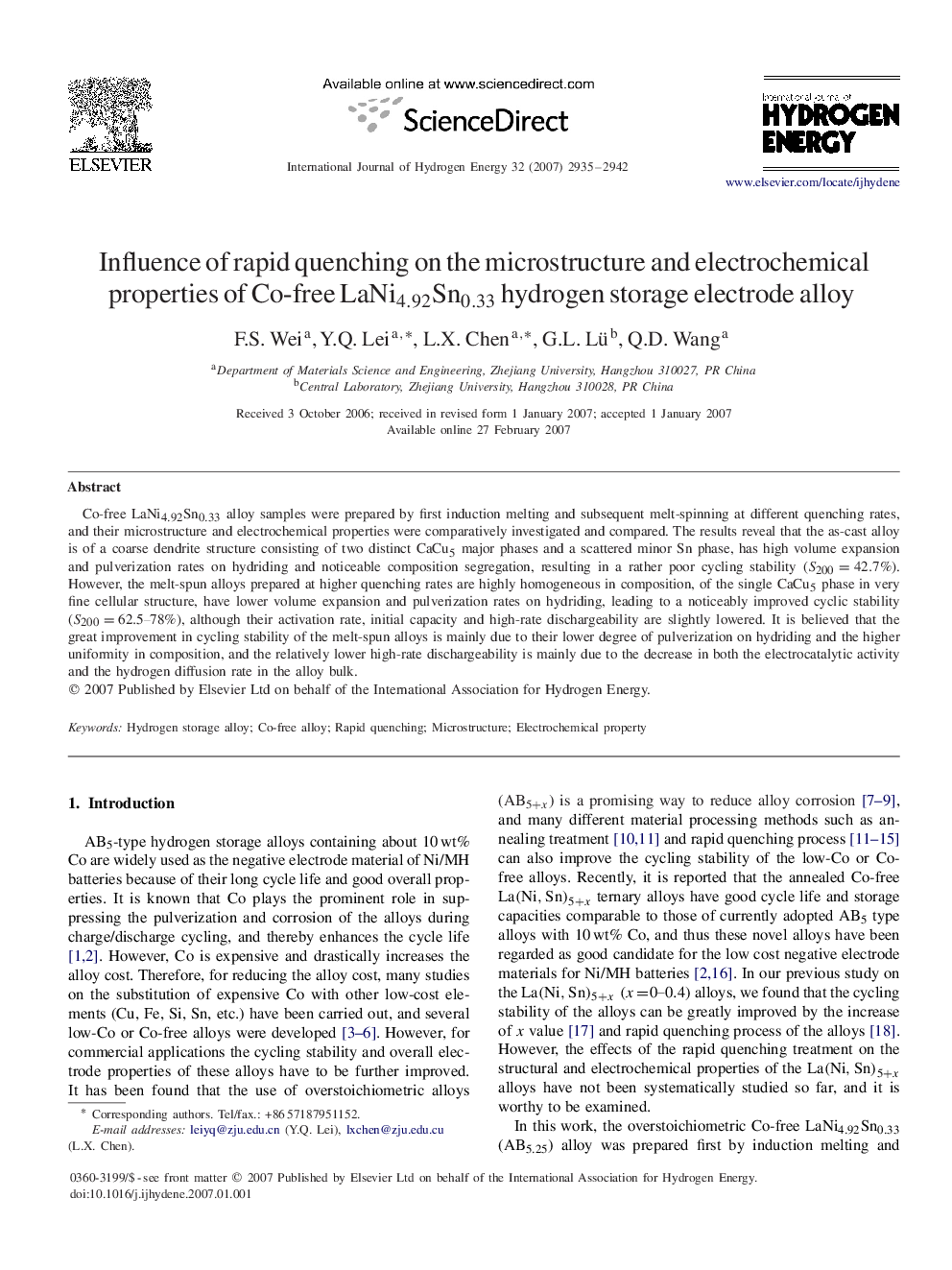 Influence of rapid quenching on the microstructure and electrochemical properties of Co-free LaNi4.92Sn0.33LaNi4.92Sn0.33 hydrogen storage electrode alloy