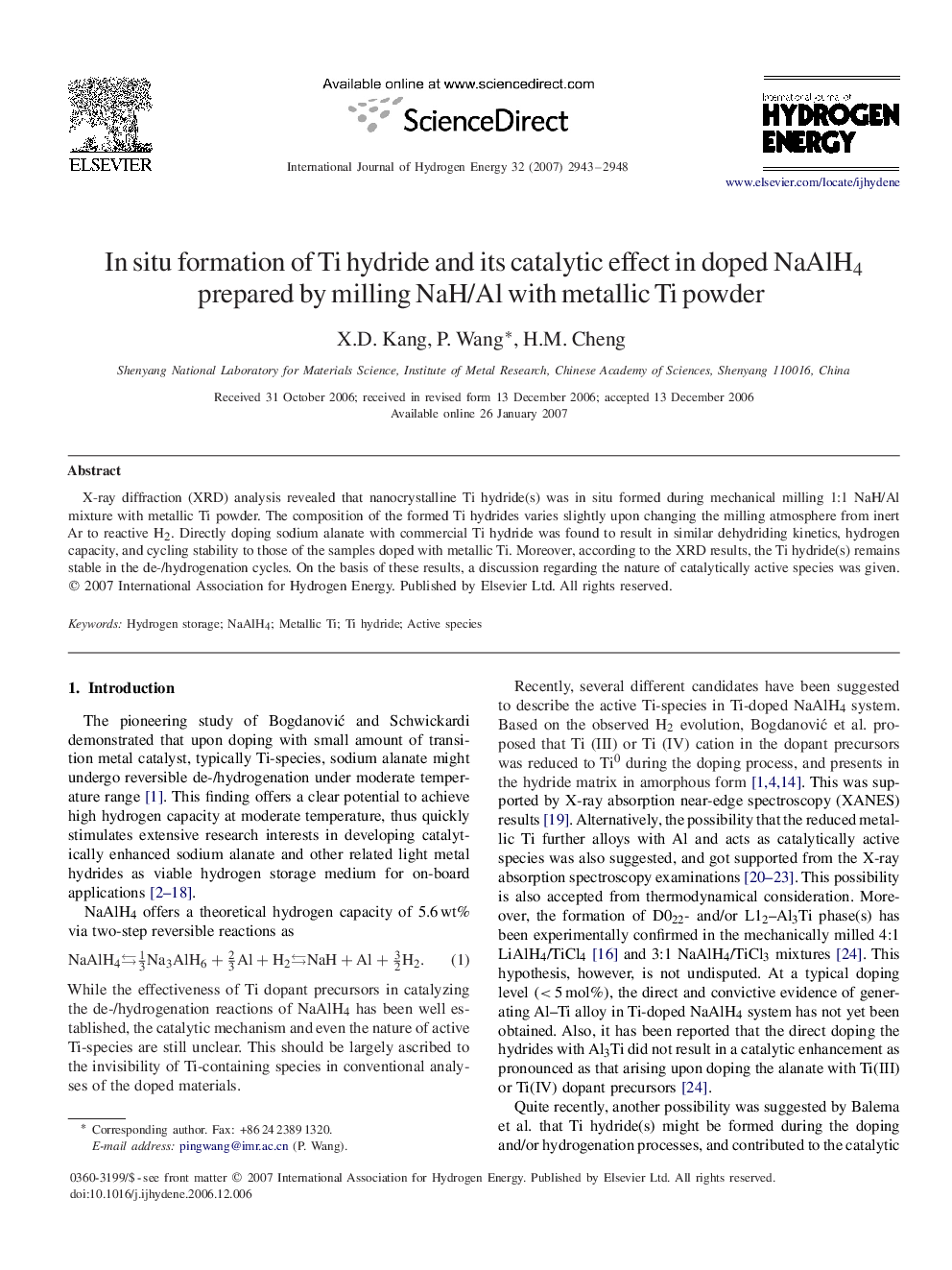 In situ formation of Ti hydride and its catalytic effect in doped NaAlH4 prepared by milling NaH/Al with metallic Ti powder