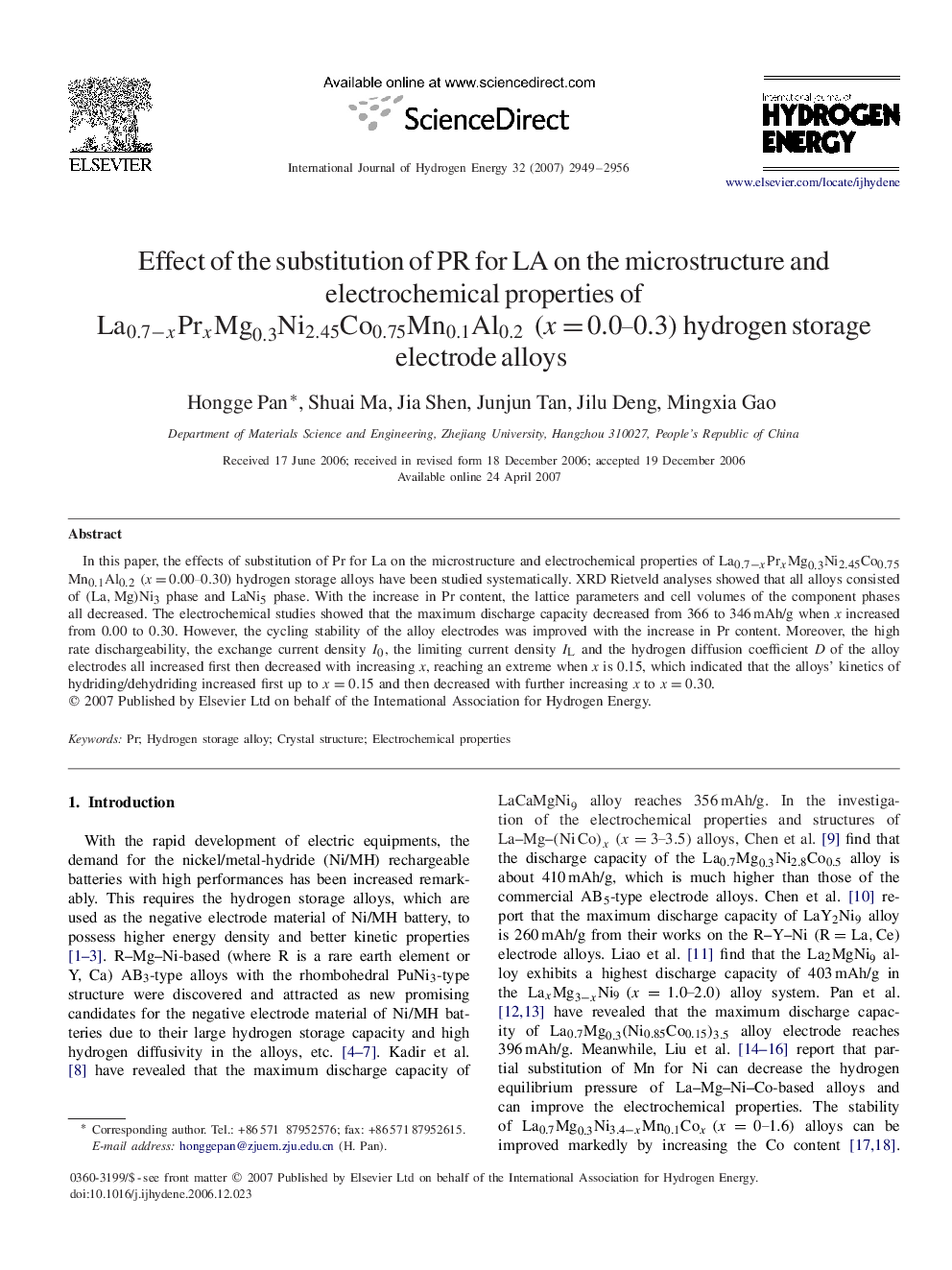 Effect of the substitution of PR for LA on the microstructure and electrochemical properties of La0.7-xPrxMg0.3Ni2.45Co0.75Mn0.1Al0.2(x=0.0–0.3) hydrogen storage electrode alloys