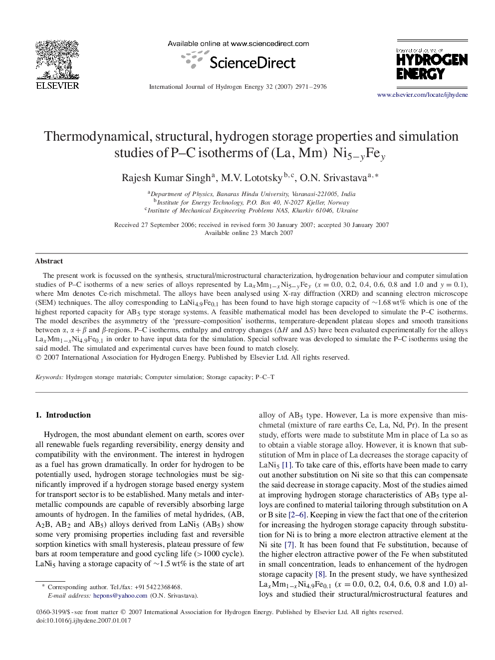 Thermodynamical, structural, hydrogen storage properties and simulation studies of P–C isotherms of (La,Mm)Ni5-yFey