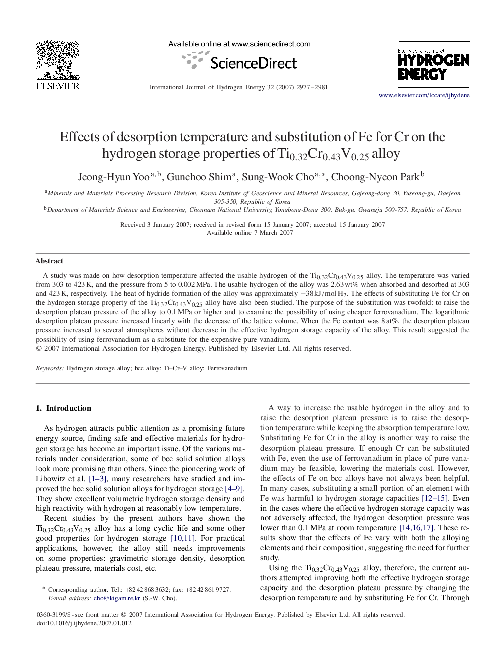 Effects of desorption temperature and substitution of Fe for Cr on the hydrogen storage properties of Ti0.32Cr0.43V0.25Ti0.32Cr0.43V0.25 alloy