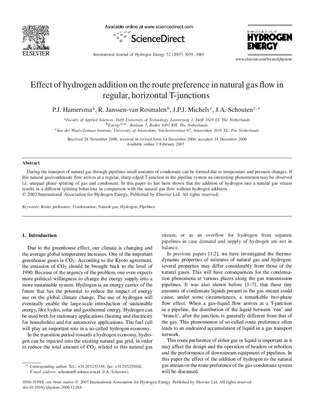 Effect of hydrogen addition on the route preference in natural gas flow in regular, horizontal T-junctions