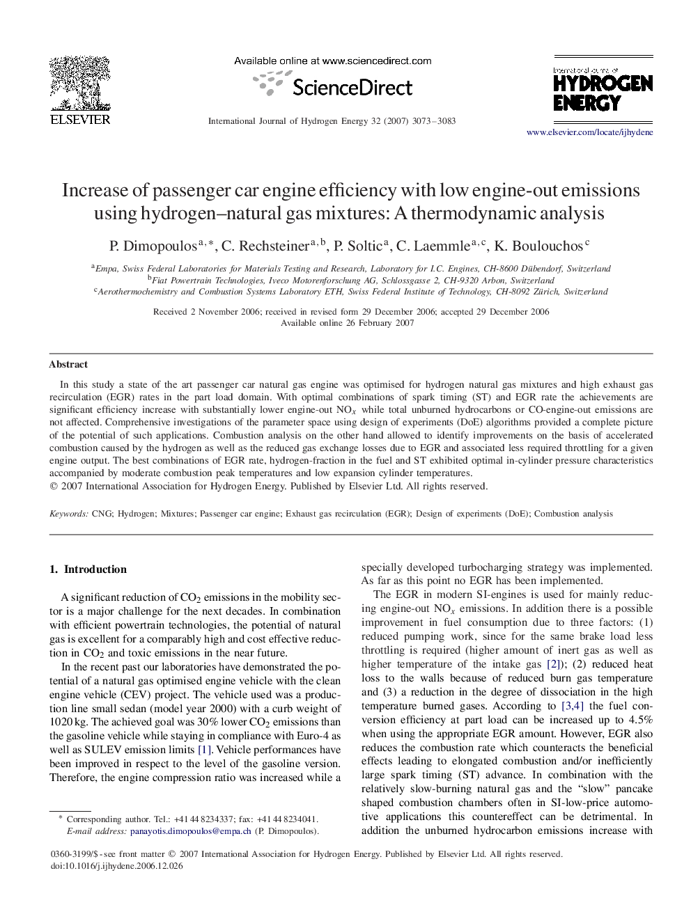 Increase of passenger car engine efficiency with low engine-out emissions using hydrogen–natural gas mixtures: A thermodynamic analysis