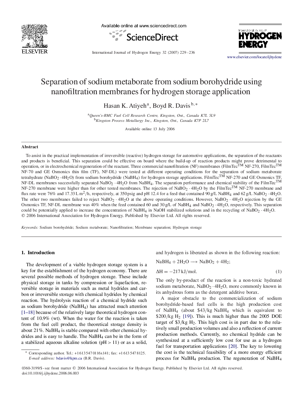 Separation of sodium metaborate from sodium borohydride using nanofiltration membranes for hydrogen storage application