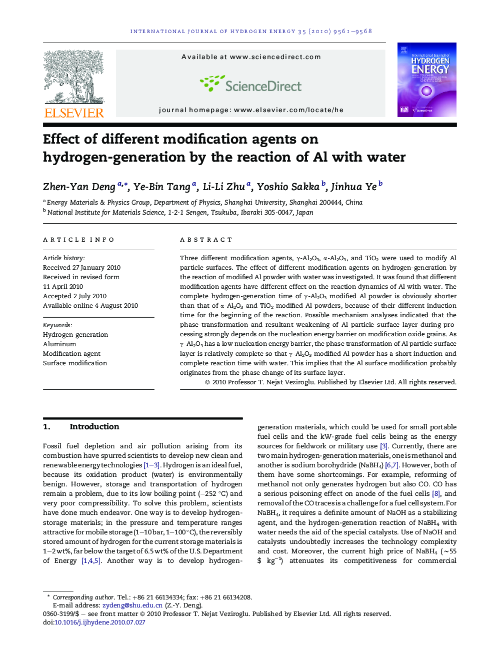 Effect of different modification agents on hydrogen-generation by the reaction of Al with water