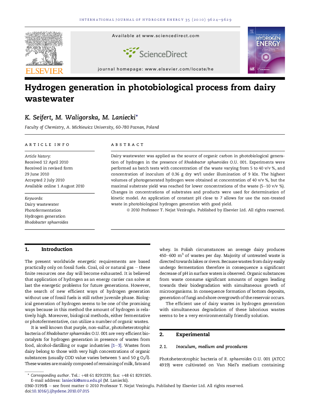 Hydrogen generation in photobiological process from dairy wastewater