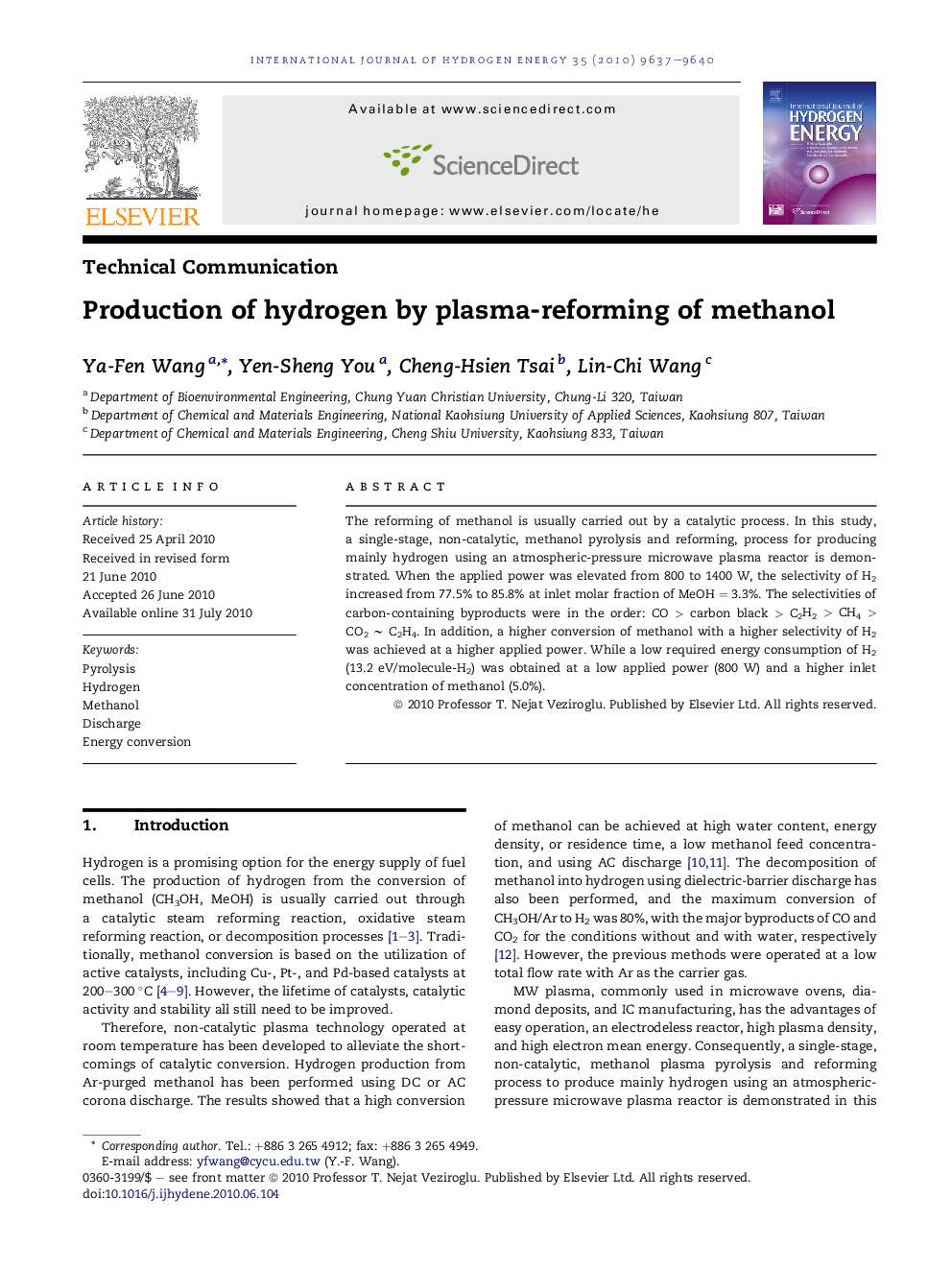 Production of hydrogen by plasma-reforming of methanol