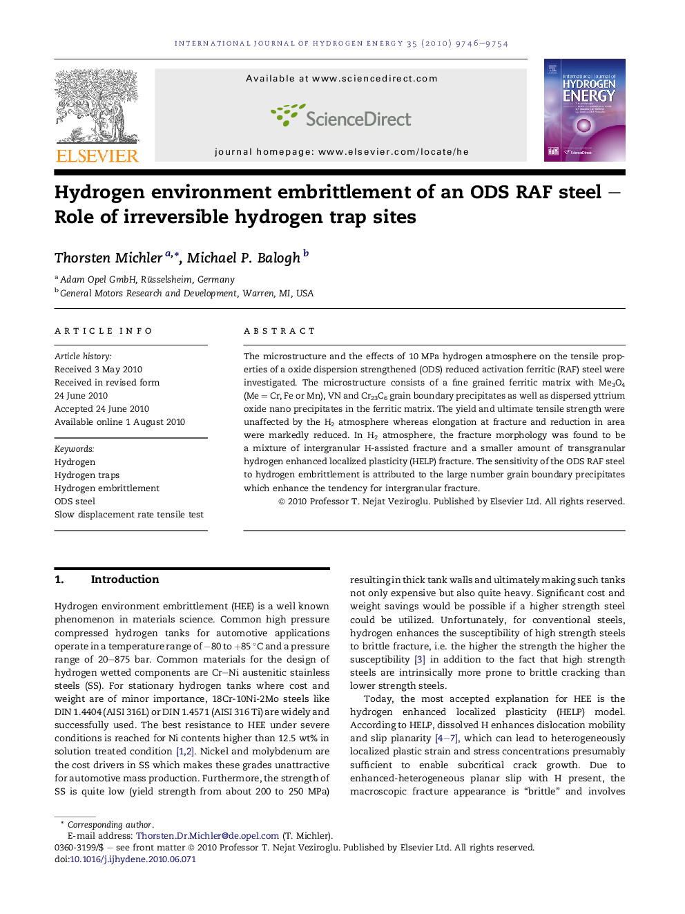 Hydrogen environment embrittlement of an ODS RAF steel – Role of irreversible hydrogen trap sites