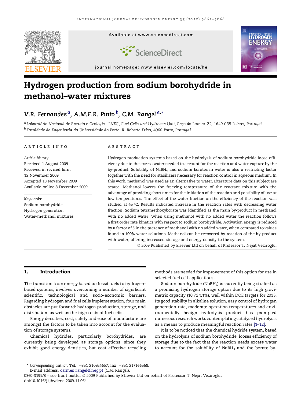 Hydrogen production from sodium borohydride in methanol–water mixtures