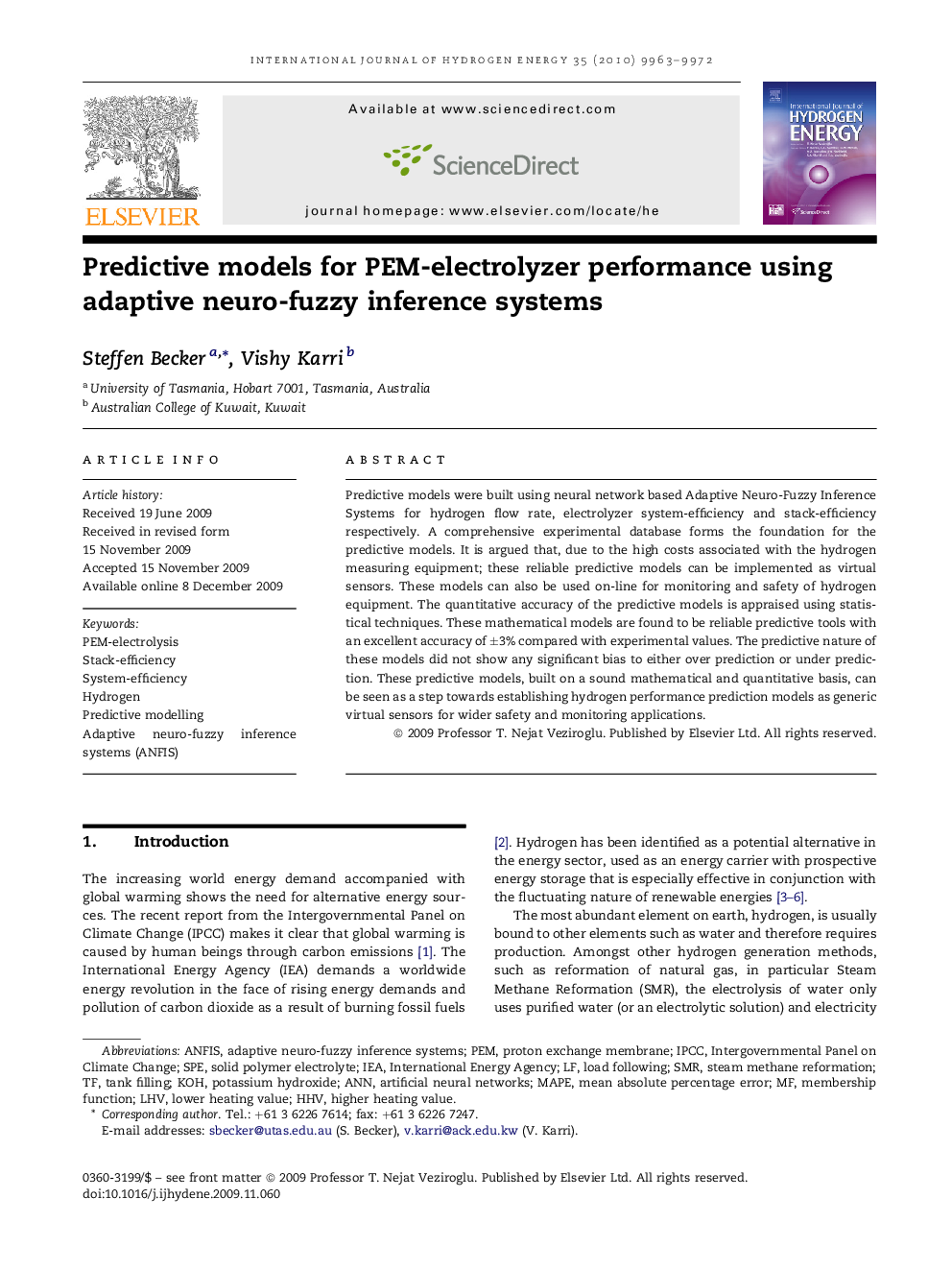 Predictive models for PEM-electrolyzer performance using adaptive neuro-fuzzy inference systems