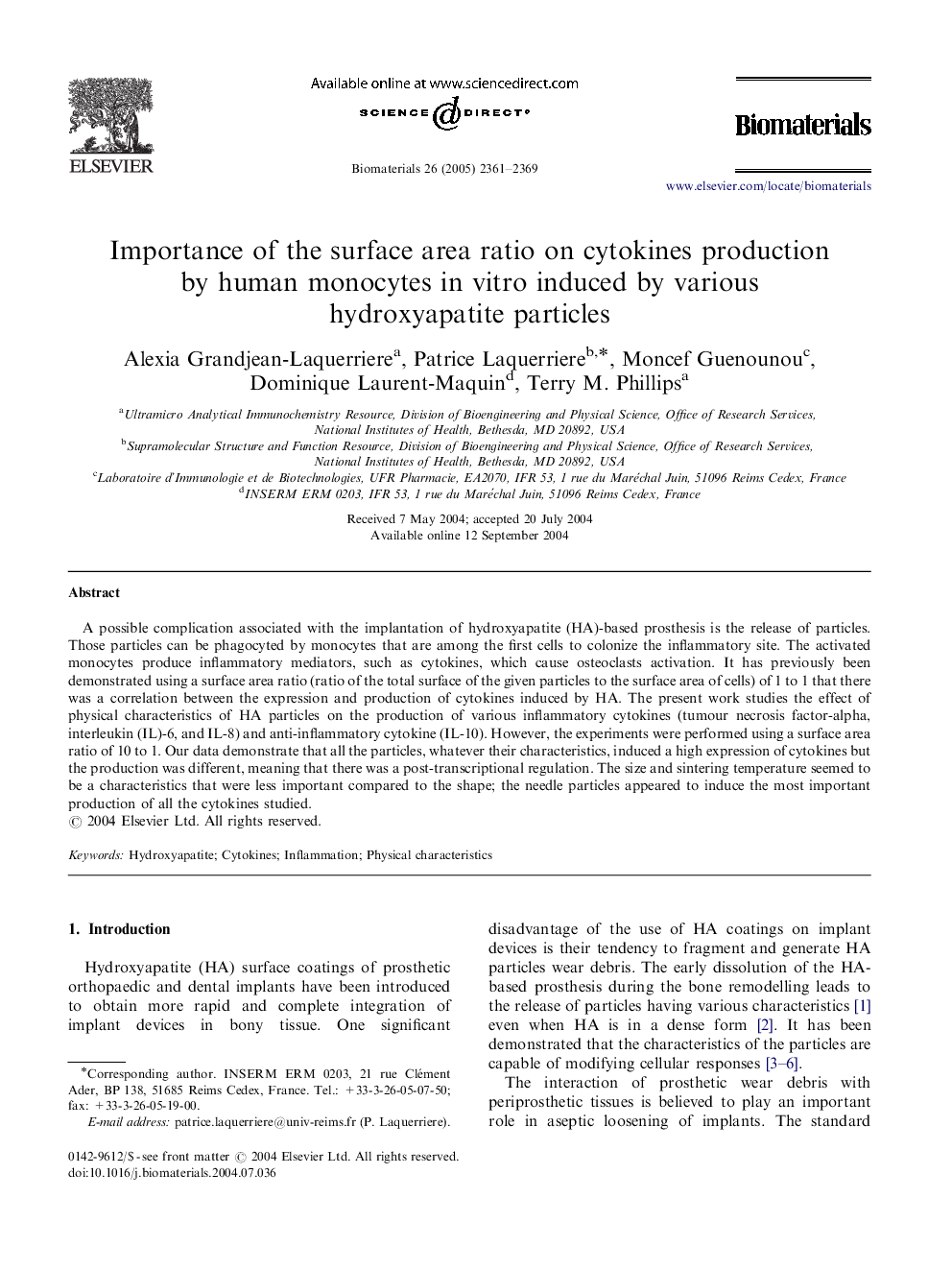 Importance of the surface area ratio on cytokines production by human monocytes in vitro induced by various hydroxyapatite particles