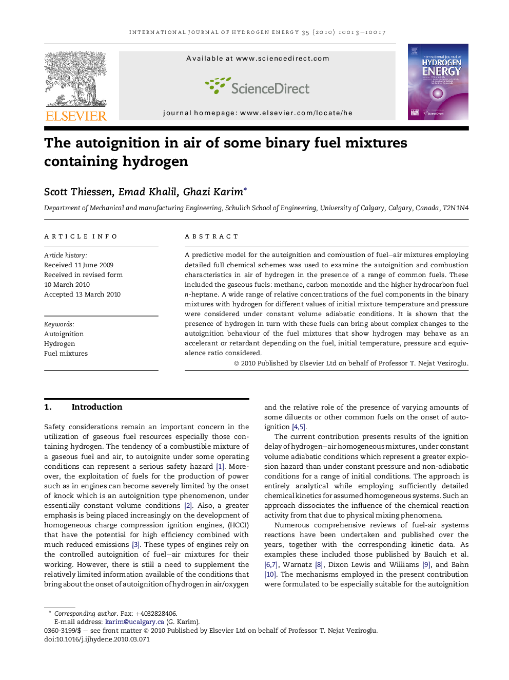 The autoignition in air of some binary fuel mixtures containing hydrogen