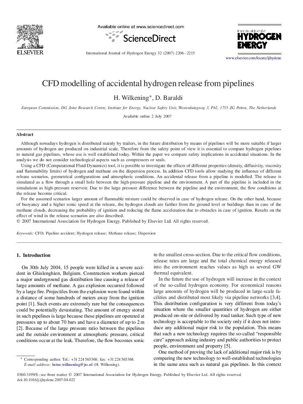 CFD modelling of accidental hydrogen release from pipelines