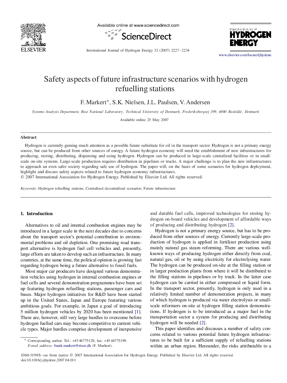 Safety aspects of future infrastructure scenarios with hydrogen refuelling stations