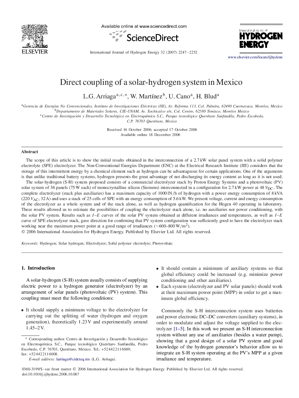 Direct coupling of a solar-hydrogen system in Mexico