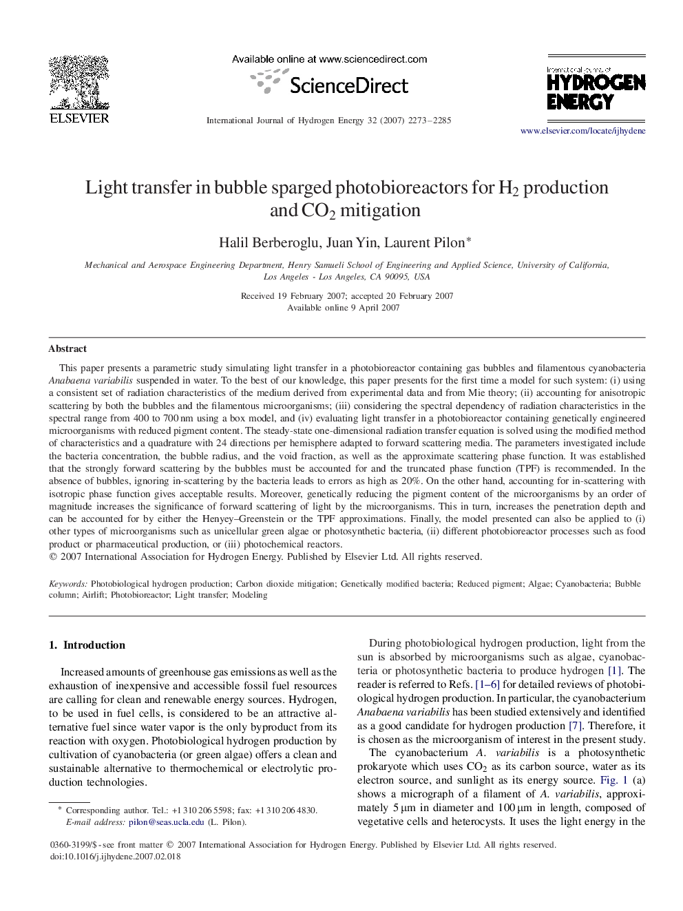 Light transfer in bubble sparged photobioreactors for H2 production and CO2 mitigation