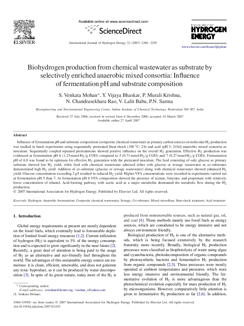 Biohydrogen production from chemical wastewater as substrate by selectively enriched anaerobic mixed consortia: Influence of fermentation pH and substrate composition