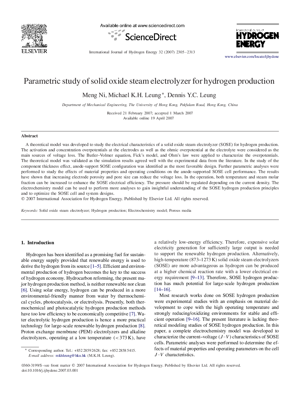 Parametric study of solid oxide steam electrolyzer for hydrogen production