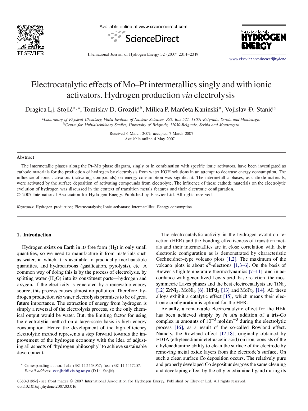 Electrocatalytic effects of Mo–Pt intermetallics singly and with ionic activators. Hydrogen production via electrolysis