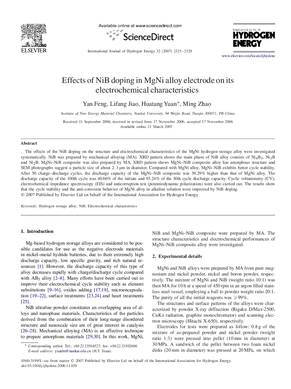 Effects of NiB doping in MgNi alloy electrode on its electrochemical characteristics