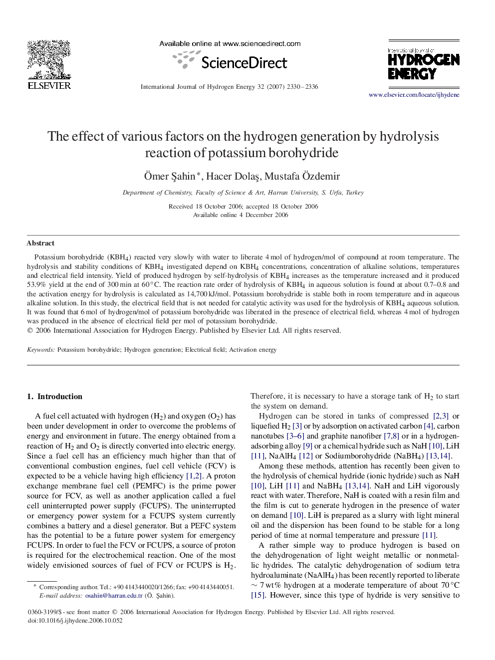 The effect of various factors on the hydrogen generation by hydrolysis reaction of potassium borohydride